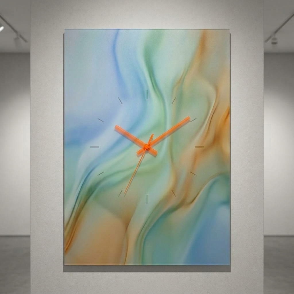 Front view of 1x Clock mounted in a gallery, showing the pastel ambient display and orange hands