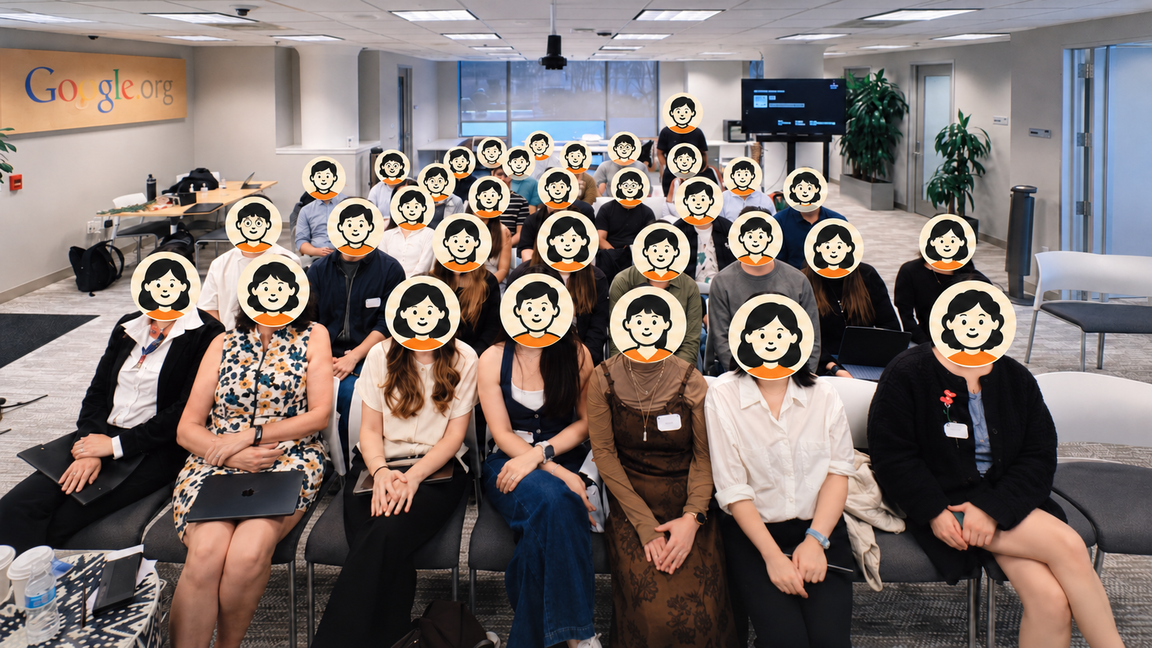 Participants at the Physical AI Hackathon, with every face covered by a uniform illustrated avatar for privacy