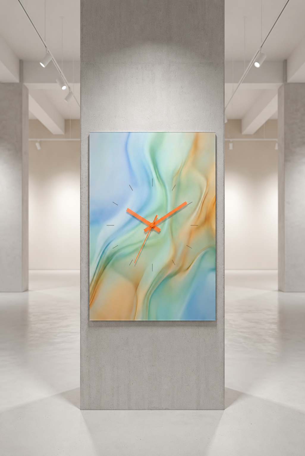 A pastel 1x Clock with orange physical hands displayed on a central pillar in a quiet white gallery