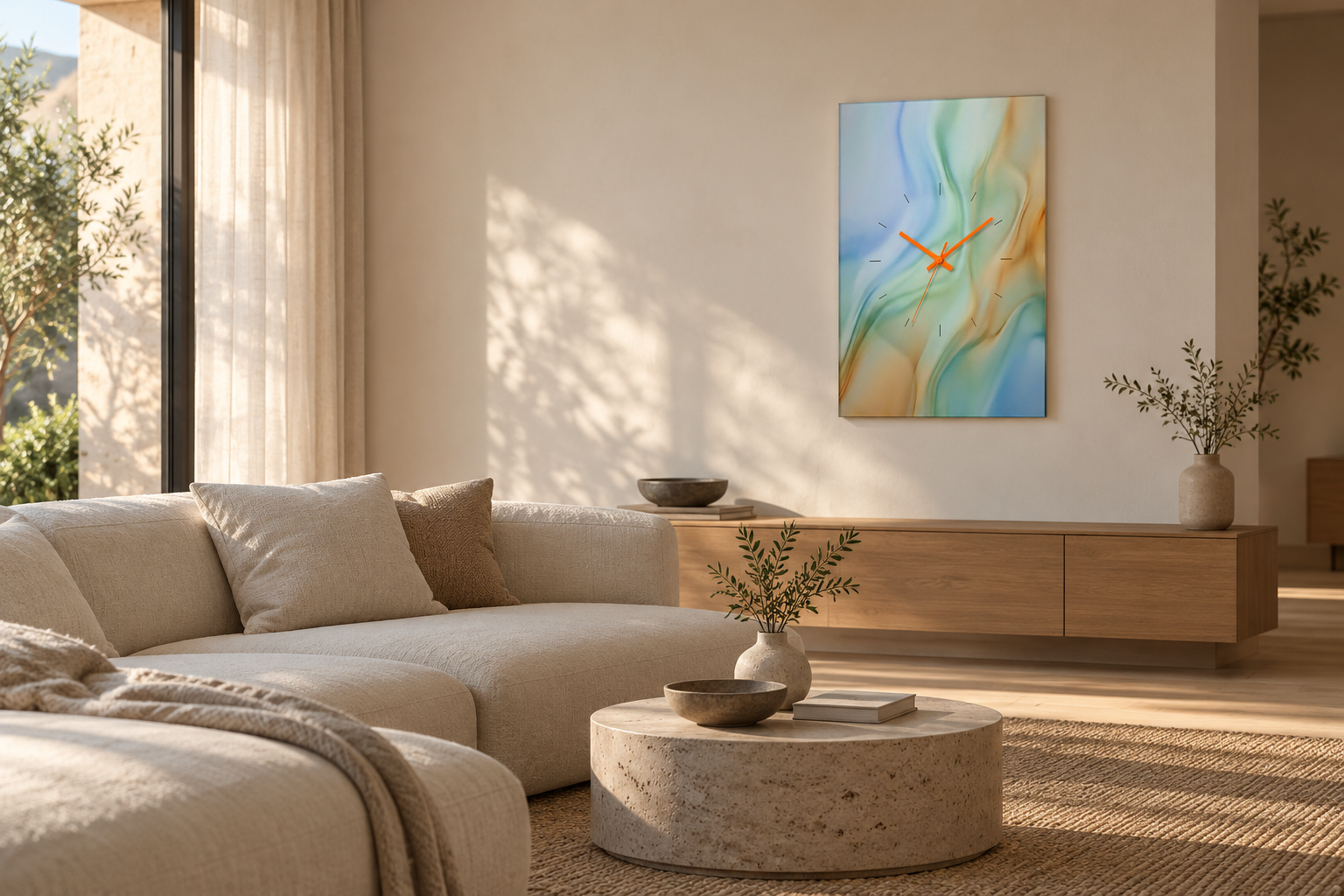 1x Clock hanging at a distance in a calm, warm living room